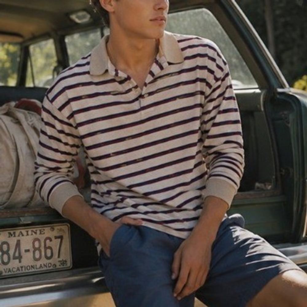 Vintage Striped Terry Velour Long Sleeve Polo Shirt Large Preppy‎ Coastal Summer